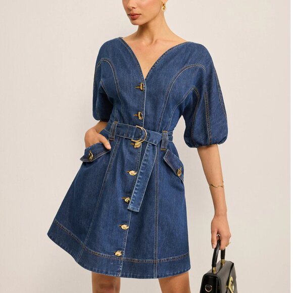 Commense Dresses & Skirts - Commense Pocketed Belted Denim Dress Sz M